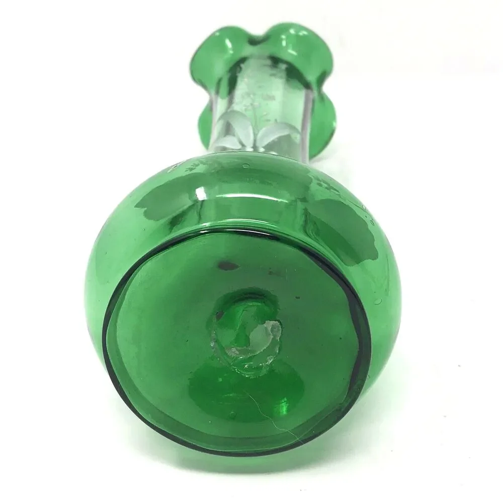 Bohemian Hand Enameled Ruffle Top Vase VTG Hand Blown Paintet Emerald Snow Glass
